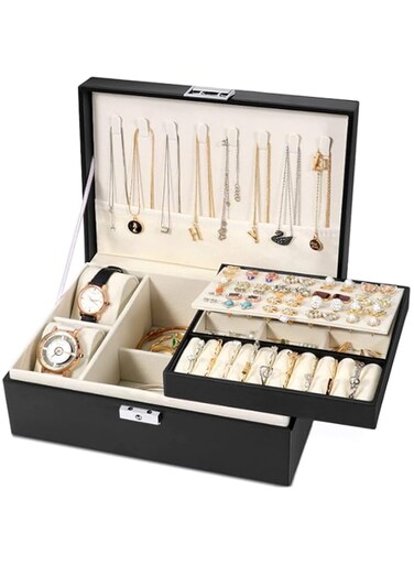 TAME Jewelry Box, Jewelry Box Organizer For Women Girls, Double Layer Jewelry Storage Case Display Earrings Bracelets Rings Necklaces, Pu Leather Large Jewelry Organizer Storage Case With Lock
