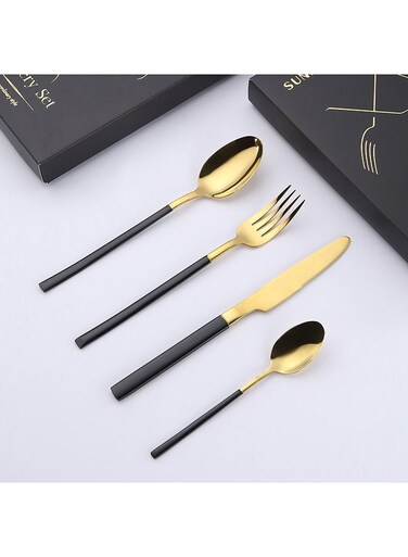 Premium Cutlery Set - Black/Gold Stainless Steel Utensils with Mirror Polished Finish, Food-Grade Steel &amp; Anti-Rust Coating - Luxury Dining Set for Steak, Salad, Dinner &amp; Formal Events