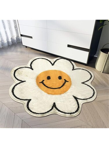 Sunflower Rug for Bedroom, Cute Smiley Face Rug Water Absorption Non Slip Carpet Super Soft Stairs Playroom Entryway Doormat Shower Room Bathtub Side Carpet Home Indoor Entry Mat(Diameter 80cm,White)
