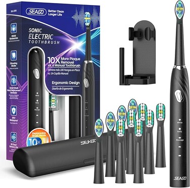 SEAGO Electric Toothbrush with 10 Brush Heads,Travel with Travel Case and Holder,Smart Timer for Adults,SG-2316(Black)

