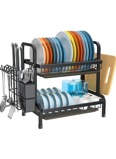 Dish Drying Rack, 2-Tier Dish Rack Drainboard Set, Large Rust-Proof Dish Drainer with Drip Tray Knife Holder, Cutting Board Holder for Kitchen Dish Strainers Dish Dryer Rack for Counter(Black)