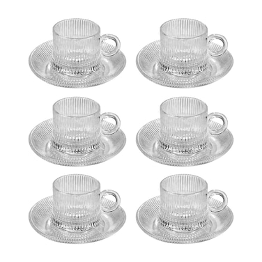 Glass Tea Cups with Saucers - 6 set - 180ml - Espresso Coffee, Turkish Tea Glass Set, Crystal Clear Classic Design &ndash; Glass Mug Set