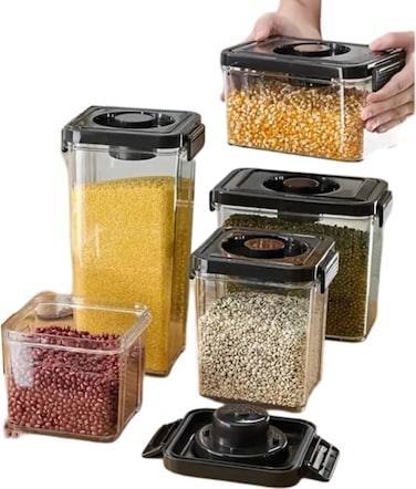 مجموعة تخزين حاويات الحبوب، 5 قطع من حاويات تخزين الطعام والأرز وحاوية طعام محكمة الغلق، وتنظيم مخزن المطبخ والثلاجة