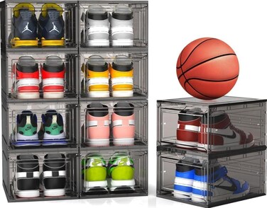 10 Pack Shoe Organizer Boxes, Black Plastic Stackable Shoe Storage Bins For Closet, Space Saving Shoe Holder Sneaker Display Case for Medium Size Shoes (Black)