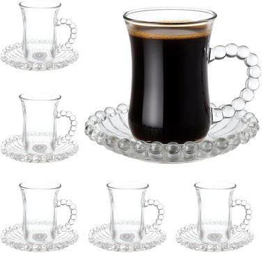 Turkish Tea Glass &amp; Saucer Set - Design - Set of 6, 120 ml - Dishwasher-Safe Turkish Tea Glasses - Transparent, coffee Mug Perfect for Cappuccino