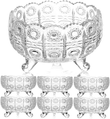 Serving Bowls, 1 big 6 small, Glass Salad Mixing Bowls, Party Snack or Chip Bowl, Fruits Bowl, Catering Bowls Punch Bowl for Entertain, Fruit, Vegies, Flower-Shape