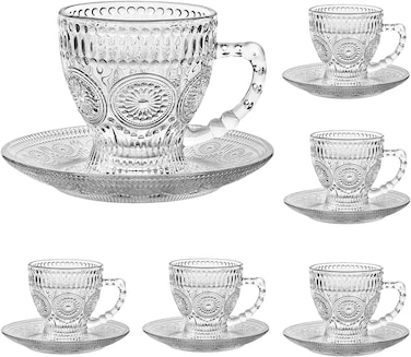 Tea Cups and Saucers Set of 6 200ml, Ceramic Turkish Coffee Cup With Gold Trim for Cappuccino, Latte, Mocha, Au Lait, Double Espresso