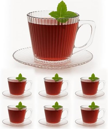 Coffee Mug Set   Coffee &amp; Espresso Cup Set with Bubbly Handle &amp; Embossed Wall Set of 6 Mugs + 6 Serving Plates