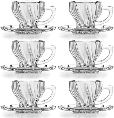 طقم أكواب شاي   طقم أكواب من ١٢ قطعة، ٦ أكواب + ٦ أطباق تقديم، شفاف   طقم أكواب شاي بجدار ملفوف مع طبق تقديم سعة ١٩٠ مل