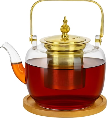 إبريق شاي زجاجي مع مصفاة - 900 مل - غلاية شاي آمنة للاستخدام على الموقد، مناسبة لتحضير أوراق الشاي المتفتحة والسائبة
