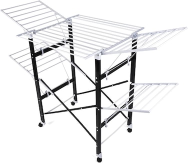 رف تجفيف، رف تجفيف ملابس قابل للطي من الفولاذ المقاوم للصدأ بمستويين، رف ملابس أرضي متين مزود بعجلات، رف غسيل للاستخدام الداخلي/الخارجي