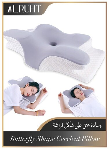 Butterfly Shape Cervical Pillow for Shoulder and Neck Pain Relief, Memory Foam Neck Pillow, Ergonomic Orthopedic Neck Support Pillow for Side Back Stomach Sleeping with Washable Cover (Grey)
