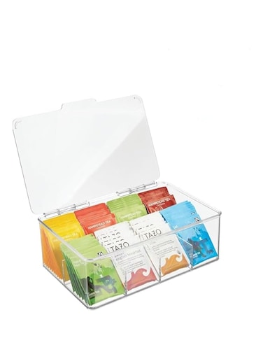 Lomeshow Acrylic Tea Bag Holder Storage Organizer, 8 Compartment Clear Plastic Tea Box with Lid, Multi-Purpose storage Box for Tea Bags, Office Supplies, Crafts, and Small Items，Home organizer