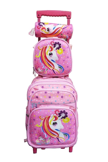 Cartoon Printed Kids School Trolley Backpack Set, 3 Pieces, 16.5 Inch Rolling Bag Lunch Box Pencil Case.Pink Unicorn