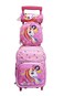 Cartoon Printed Kids School Trolley Backpack Set, 3 Pieces, 16.5 Inch Rolling Bag Lunch Box Pencil Case.Pink Unicorn