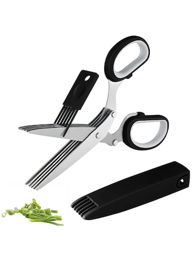 Joyoldelf Gourmet Herb Scissors Set - Master Culinary Multipurpose Cutting Shears with Stainless Steel 5 Blades, Safety Cover and Cleaning Comb for Cutting Cilantro Onion Salad (Black)