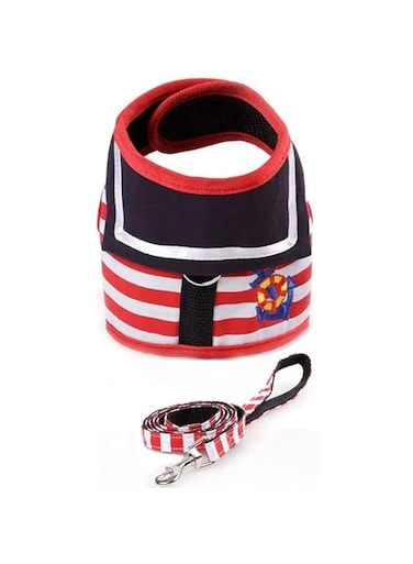 Red and White Navy Striped Sailor Anchor Style Pet Dog Harness and Leash Set for Walking Party (Red, S)