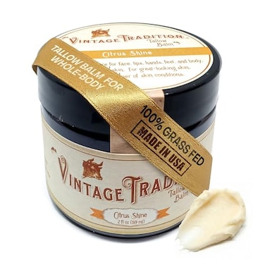 Vintage Tradition Beef Tallow All Purpose Balm - Healing, Hydrating Citrus Oil Skin Care Salve Replaces Body Lotion, Hand Cream, More - Essential Oil, Olive Oil, And Grass-Fed Tallow, 2 Fl. Oz.