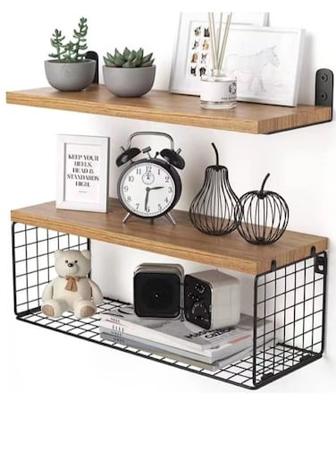 2-Piece Wall Mounted Decorative Storage Rack Metal And Wood Black
