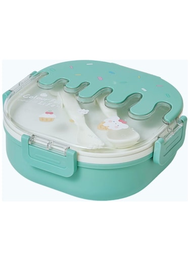 Twisoo Bento Plastic Lunch Box for Kids and Adults, 3 Compartment Cute Ice Cream Snack Container with Fork and Spoon, Double Decker, BPA Free, Leakproof, Ideal for School and Office Use (Green)