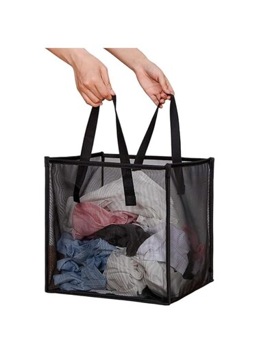 Mesh Popup Laundry Hamper, Collapsible Laundry Basket with Handles Portable Foldable Durable Dirty Clothes Mesh Basket for Washing Storage, Bathroom Bedroom College Dorm Room Travel, Black