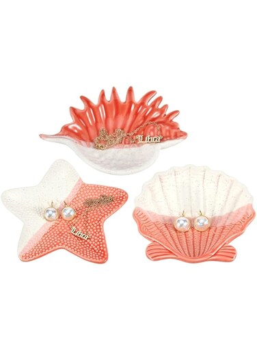 TERRIFI Set of 3 Jewelry Dish Trays - Exquisite Ceramic Jewelry Plates for Rings, Earrings, Necklaces, and Bracelets - Cute Decorative Trays - Mother's Day Gift (Pink Starfish and Conch Shell)