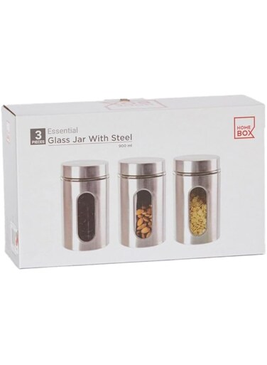 HomeBox Essential 3-Piece Glass and Stainless Steel Jar Set - 900 ml