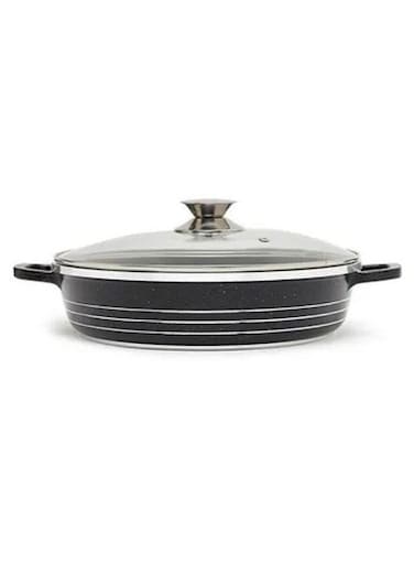 Ceramic Non Stick Shallow Cooking Pot With Glass Lid 28cm, Black