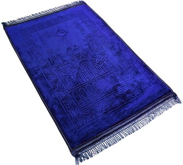 Fabienne Premium Prayer Mat 80x120cm Blue Large Size Thick Padded Prayer Rug Plush Velvet Top Anti-Slip Islamic Sajadah