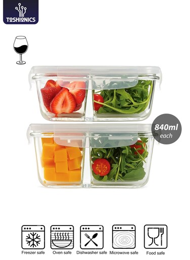 Glass Meal Prep Containers Set of 2 T114607 (840ml Each) &acirc;&euro;&ldquo; Airtight Borosilicate Glass Food Storage Containers with Lids, 2 Compartments, Microwave &amp; Oven Safe
