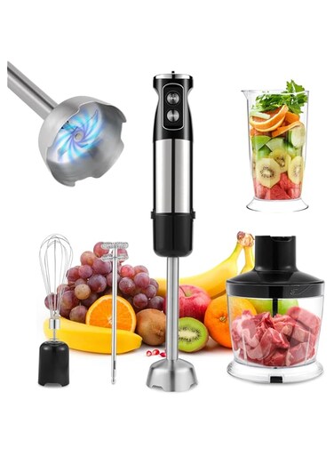 Xoopla Immersion Blender Handheld 600W 5-in-1 Hand Blender Electric 304 Stainless Steel Whisk &amp; Frother, Chopper Bowl, Measuring Beaker 12 Speed Stick Blender for Kitchen, Baby Food)