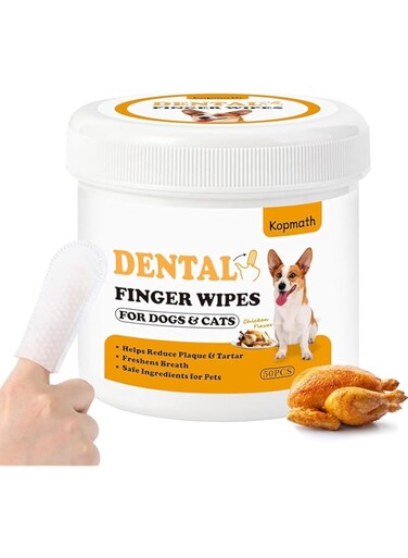 Kopmath Teeth Cleaning Finger Wipes, Dog Dental Wipes, Reduce Plaque &amp; Tartar, Freshen Breath, Safe &amp; Natural Pet Dental Wipes for Dogs Teeth, Portable Dog Tooth Wipes for Cats,50 Ct, Chicken Scent