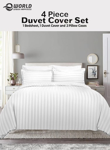 Premium Striped Duvet Set All Season &acirc;&euro;&ldquo; 4-Pieces Set White   King Size 220x240 cm   Ultra-Soft, Wrinkle-Resistant &amp; Made in Dubai   Includes Duvet Cover, Fitted Sheet (200x200 cm) &amp; 2 Pillowcases (50x70 cm)