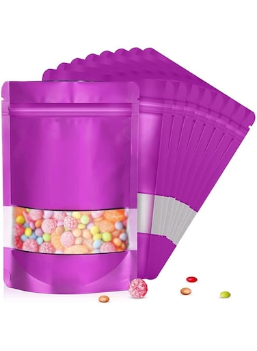 5.5"x7.8" 120pcs Mylar Bags for Food Storage,Smell Proof Bags with Matte Window Resealable Food Storage Bags for Small Business, Stand-up Foil Pouch Packaging Treat Snack Bags for Self Sealing（Purple）