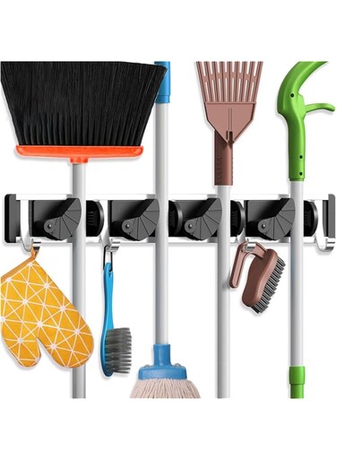 NALACAL Mop Broom Holder, Wall Mount Metal Pantry Organization and Storage Garden Kitchen Tool Organizer Wall Hanger, for Home Goods, Saving Space Storage Rack (4 Positions with 5 Hooks, Black)