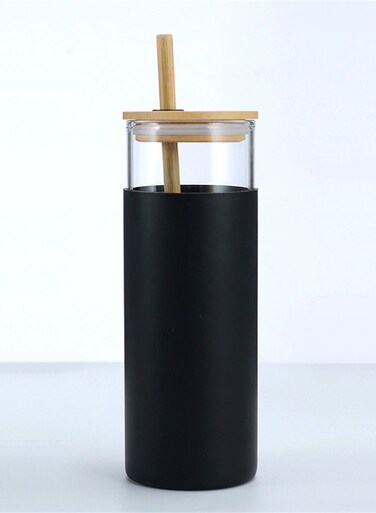 600ml Glass Tumbler with Bamboo Lid &amp; Straw, Black Silicone Sleeve, Ideal for Iced Coffee, Smoothies &amp; More, Chic Transparent Design