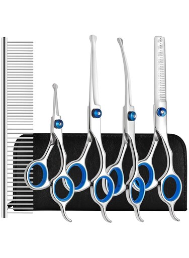 liren Dog Grooming Scissors Kit with Safety Round Tips, Professional 6 in 1 Grooming Scissors for Dogs, Heavy Duty Stainless Steel Sharp and Durable Pet Grooming Shears for Dogs and Cats