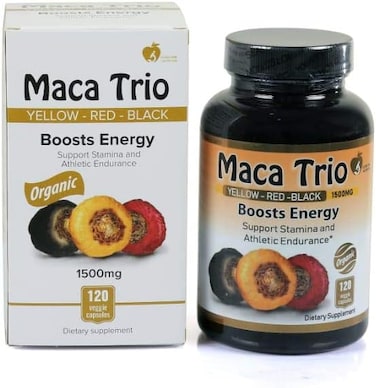 مزيج من كبسولات الجذور العضوية السوداء والحمراء والصفراء من ماكا تريو - 1500 مجم، 120 قطعة