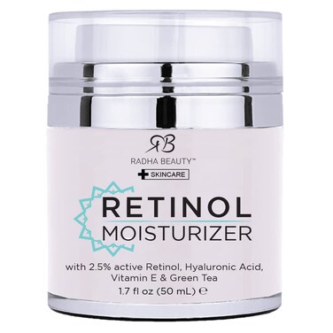 Radha Beauty Moisturizing Miracle Retinol Cream for Face - with 2.5% Retinol, Hyaluronic Acid, Vitamin E and Green Tea. Luxury Night and Day Anti-Aging Wrinkle Cream 1.7 fl oz.