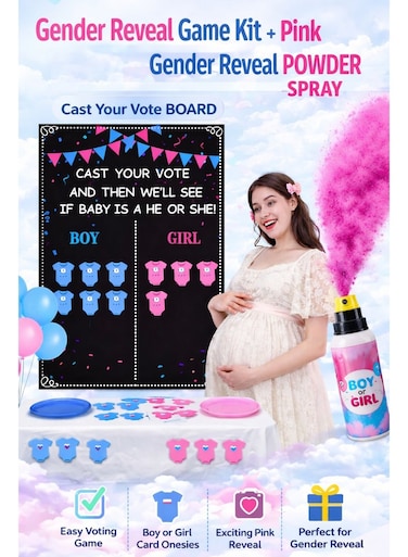 Gender Reveal Game Kit with Pink Powder Spray   Cast Your Vote Board, Boy or Girl Cards, Party Decoration Set   Baby Shower Gender Reveal Supplies