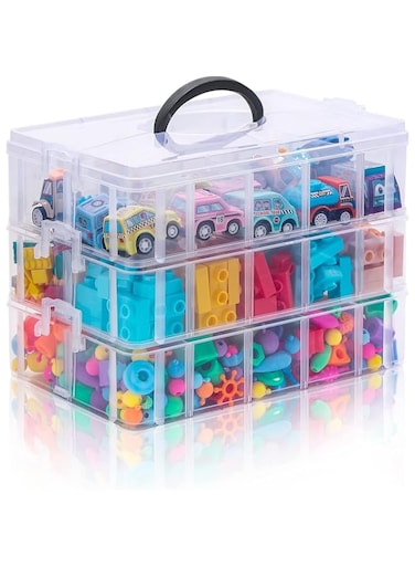 3-Layer Stackable Craft Storage Containers, Plastic Organizer with 30 Adjustable Compartments and Handles, Portable Bead Organizer for Arts, Crafts, Toys, Washi Tapes, Nail Supplies