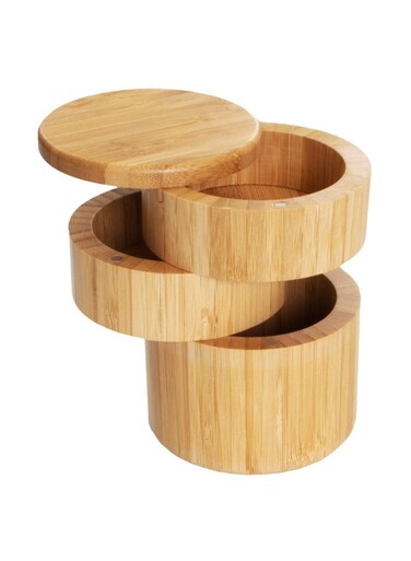 Bamboo Triple Salt Cellar, Bamboo Kitchen Salt and Pepper Storage Box with Magnetic Swivel Lids(3)