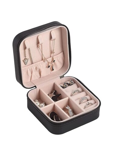 YouBella Jewellery Organiser PU Leather Zipper Portable Storage Box Case with Dividers Container for Rings, Earrings, Necklace Home Organizer, (Black)