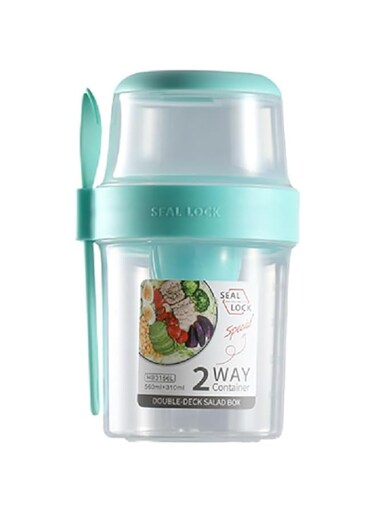 AUTOYSUR Fruit and Vegetable Container with Fork &amp; Salad Dressing Holder, Portable Cereal Cup Food Preservation Box Separated Two Compartments Oatmeal Nut Container for Work Travel (Green, 560ml)