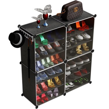 Black Shoe Rack, 4 large Cubes, Plastic Convertible 3 Rows Per Cube
