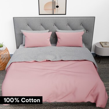 طقم غطاء لحاف 4 قطع قطن 100% - مقاس كينغ - ملاءات سرير ناعمة وعالية الجودة - 1 غطاء لحاف 220x240 سم، 1 غطاء 200x200 سم+30 سم، 2 غطاء وسادة 50x75 سم (رمادي وزهر)