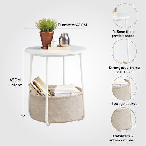 Lovstro Round End Coffee Table with Storage Basket, Corner Table for Living Room, Bedroom Nightstand- White