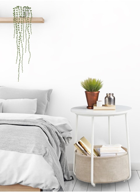 Lovstro Round End Coffee Table with Storage Basket, Corner Table for Living Room, Bedroom Nightstand- White