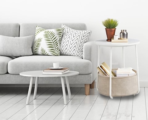 Lovstro Round End Coffee Table with Storage Basket, Corner Table for Living Room, Bedroom Nightstand- White