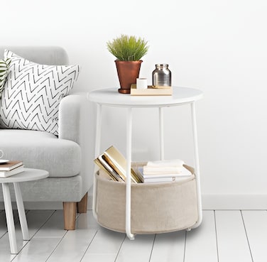 Lovstro Round End Coffee Table with Storage Basket, Corner Table for Living Room, Bedroom Nightstand- White